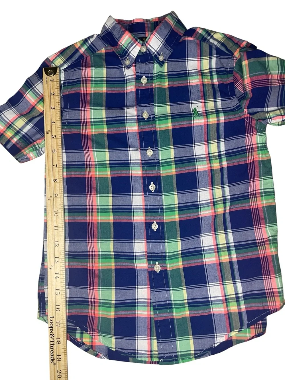 Ralph Lauren Short Sleeve Navy, Green & Pink Plaid Button-Down Shirt-Boys Small